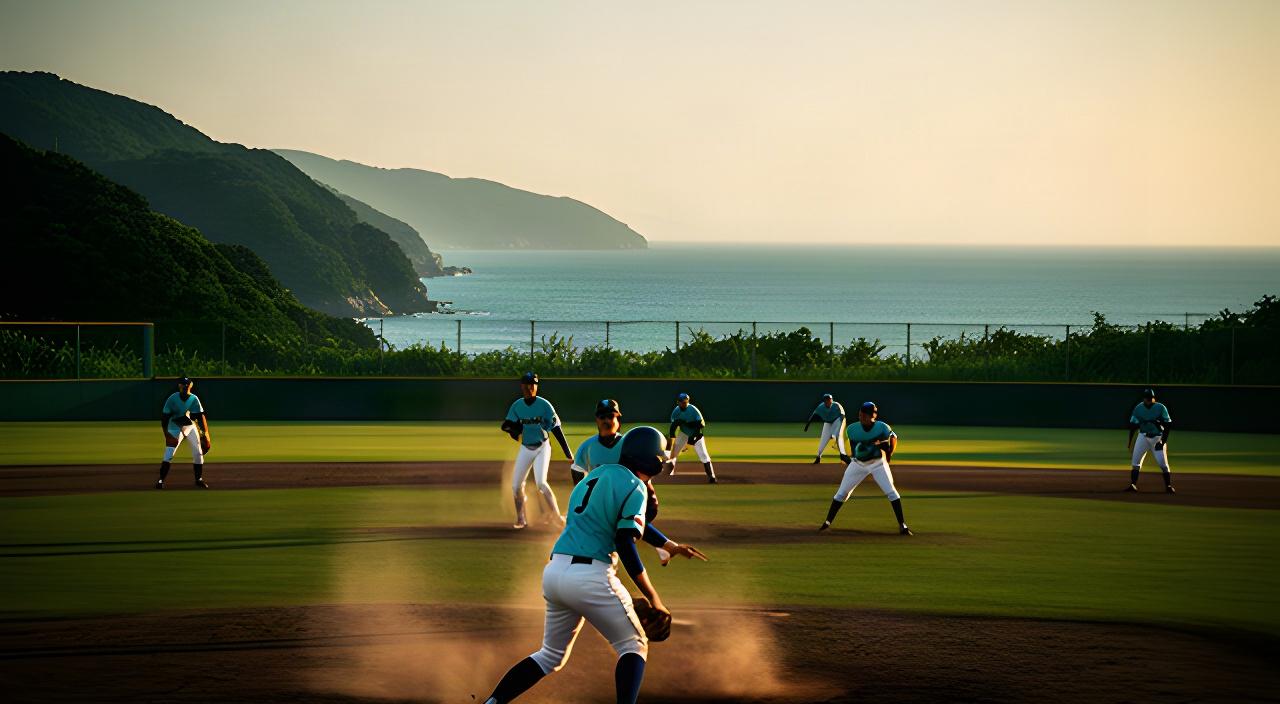 京丹後の海と緑を背景に、夕方のグラウンドで練習するプロ野球選手たち