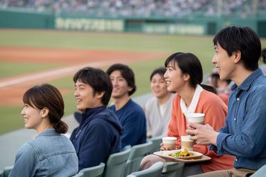 地元企業の社員が京丹後の球場で並んで観戦し会話を楽しむ様子