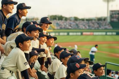 京丹後の少年野球チームが球場の一塁側席から試合を観戦する様子