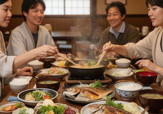京丹後の食事処で地域の魚料理を囲む観光客