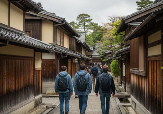 京都府北部の古い町並みを歩く観光客と木造建築