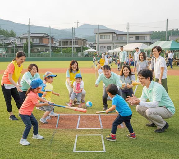 京丹後の地域イベントで子どもたちと自治体職員が野球体験を楽しむ様子