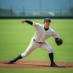 緑のグラウンドで投球フォームを見せる投手尚弘 Yasu