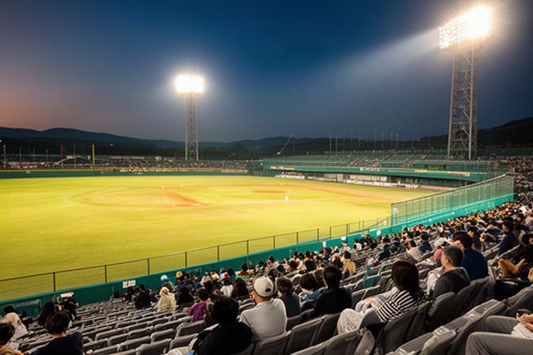 京丹後の球場で夕方のホームゲームを観戦する観客席と照明塔