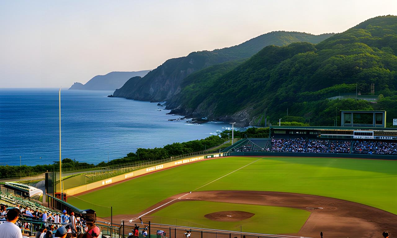 京丹後の海岸線と緑の丘を背景にした野球場、観光と観戦を楽しむ来場者の様子